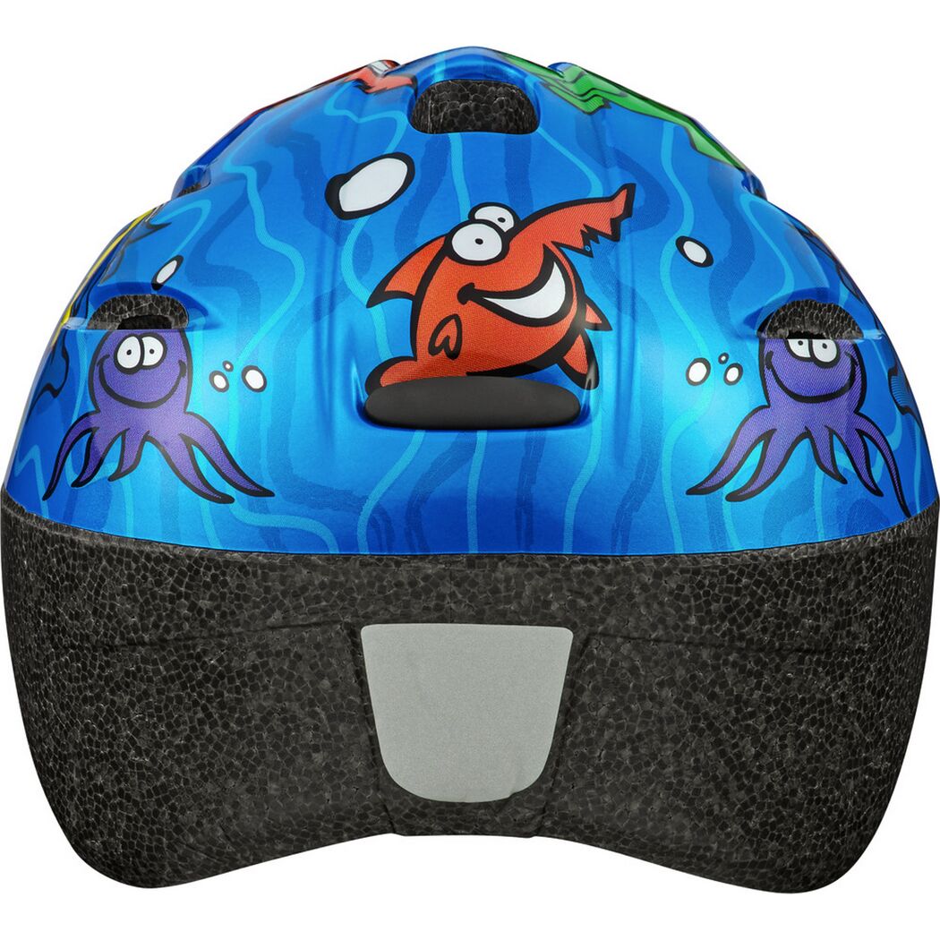Blauer Kinderhelm mit Fisch- und Oktopus-Motiv, Rückansicht