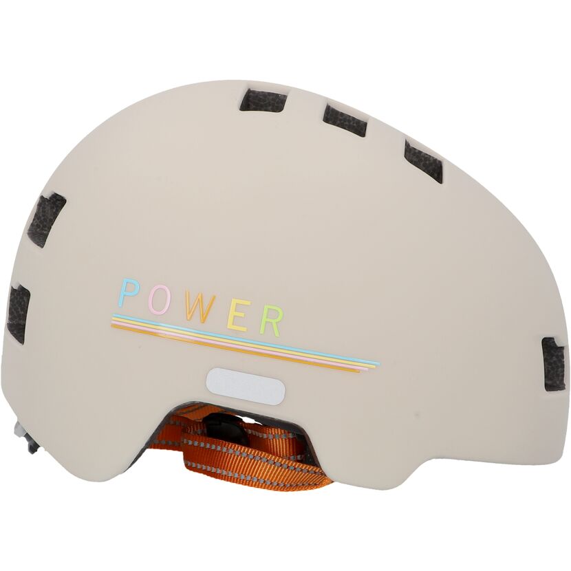 Beiger Fahrradhelm mit Power-Schriftzug.