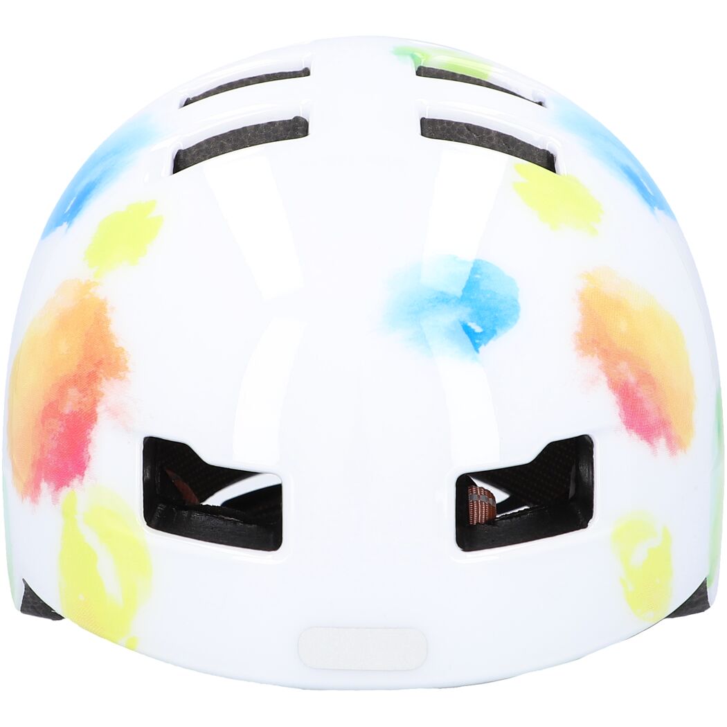 Weißer Fahrradhelm mit bunten Farbklecksen