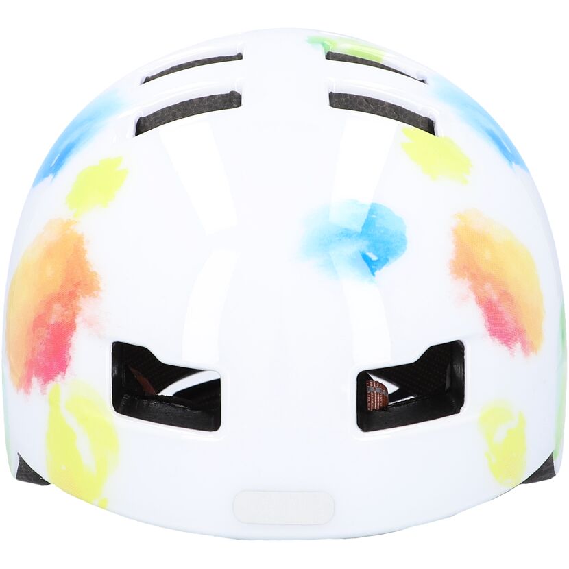 Weißer Fahrradhelm mit bunten Farbklecksen