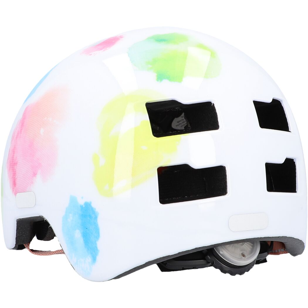 Weißer Fahrradhelm mit buntem Farbklecksmuster
