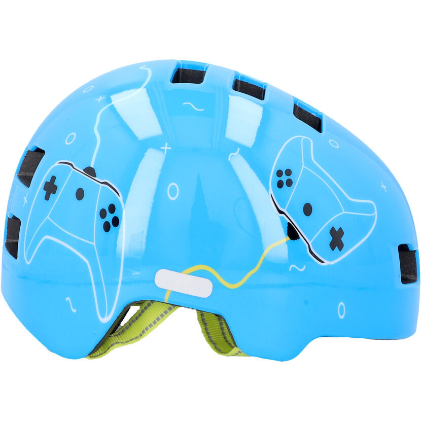 Blauer Fahrradhelm mit Spielecontroller-Motiv
