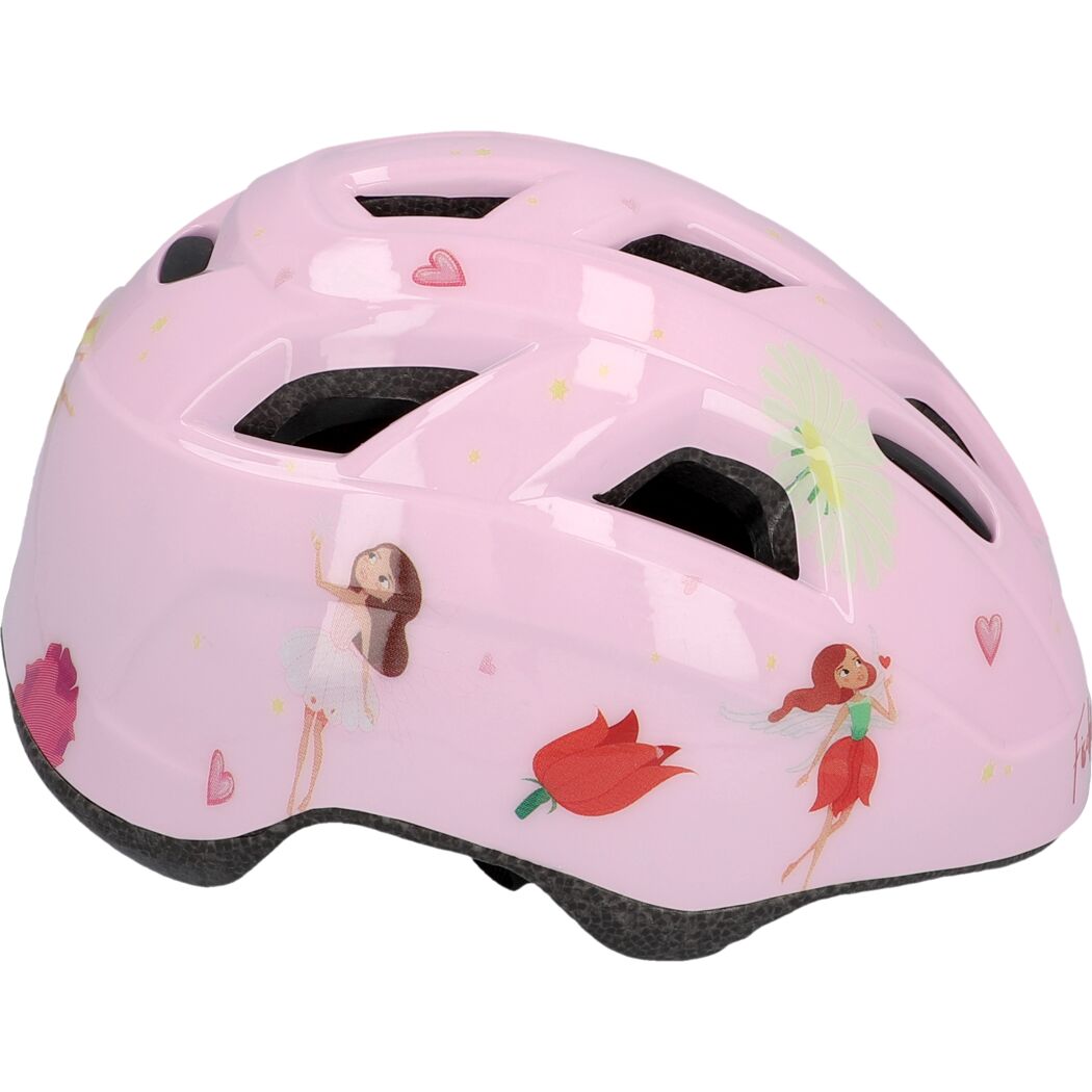 Pinkfarbener Fahrradhelm mit Feen-Motiv.