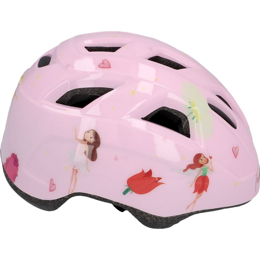 Pinkfarbener Fahrradhelm mit Feen-Motiv.