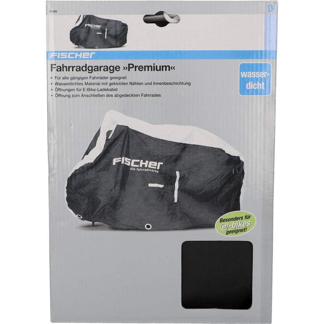 Schwarze, wasserdichte Fahrradgarage von Fischer in Verpackung