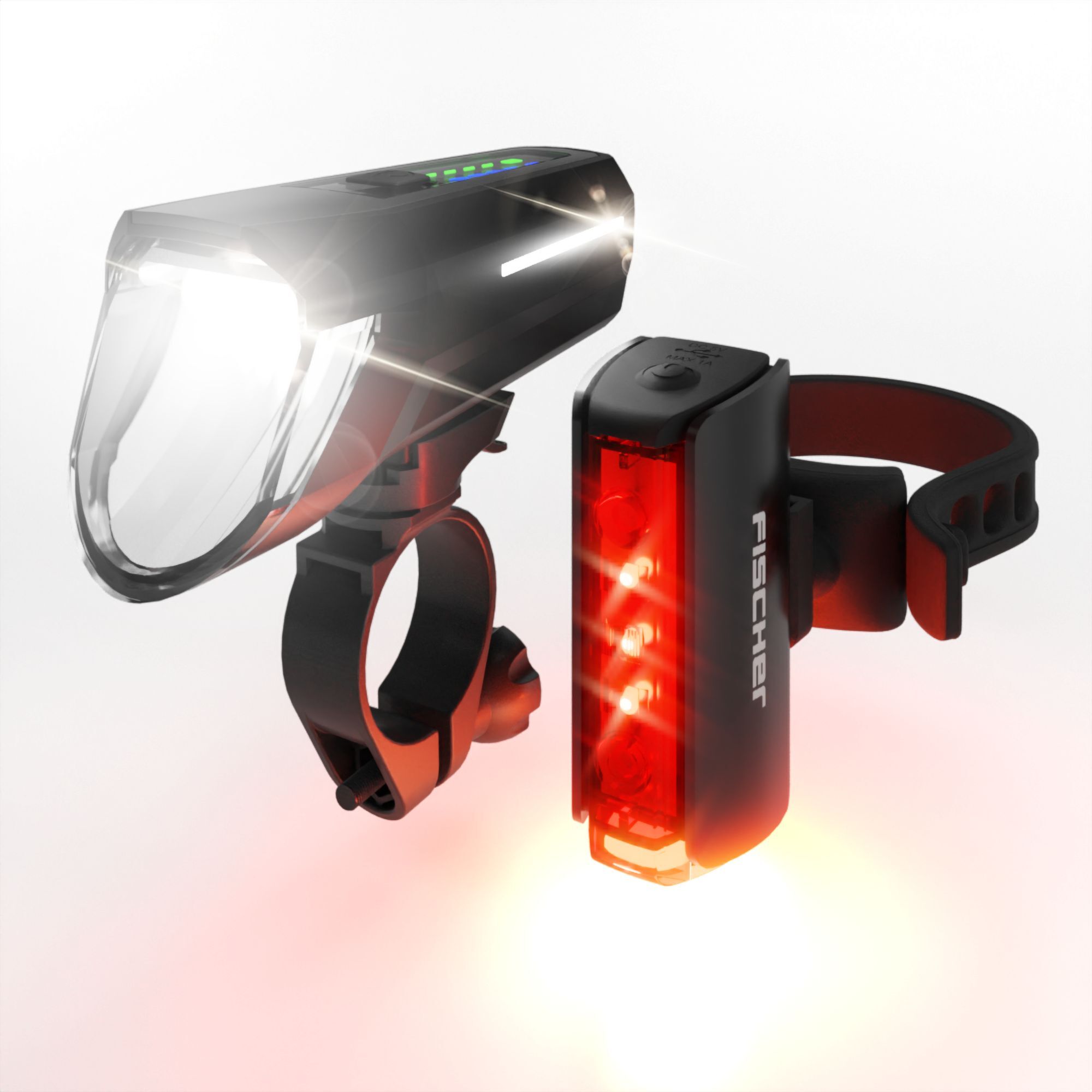 FISCHER LED-Beleuchtungsset mit leuchtendem Front- und Bremslicht.