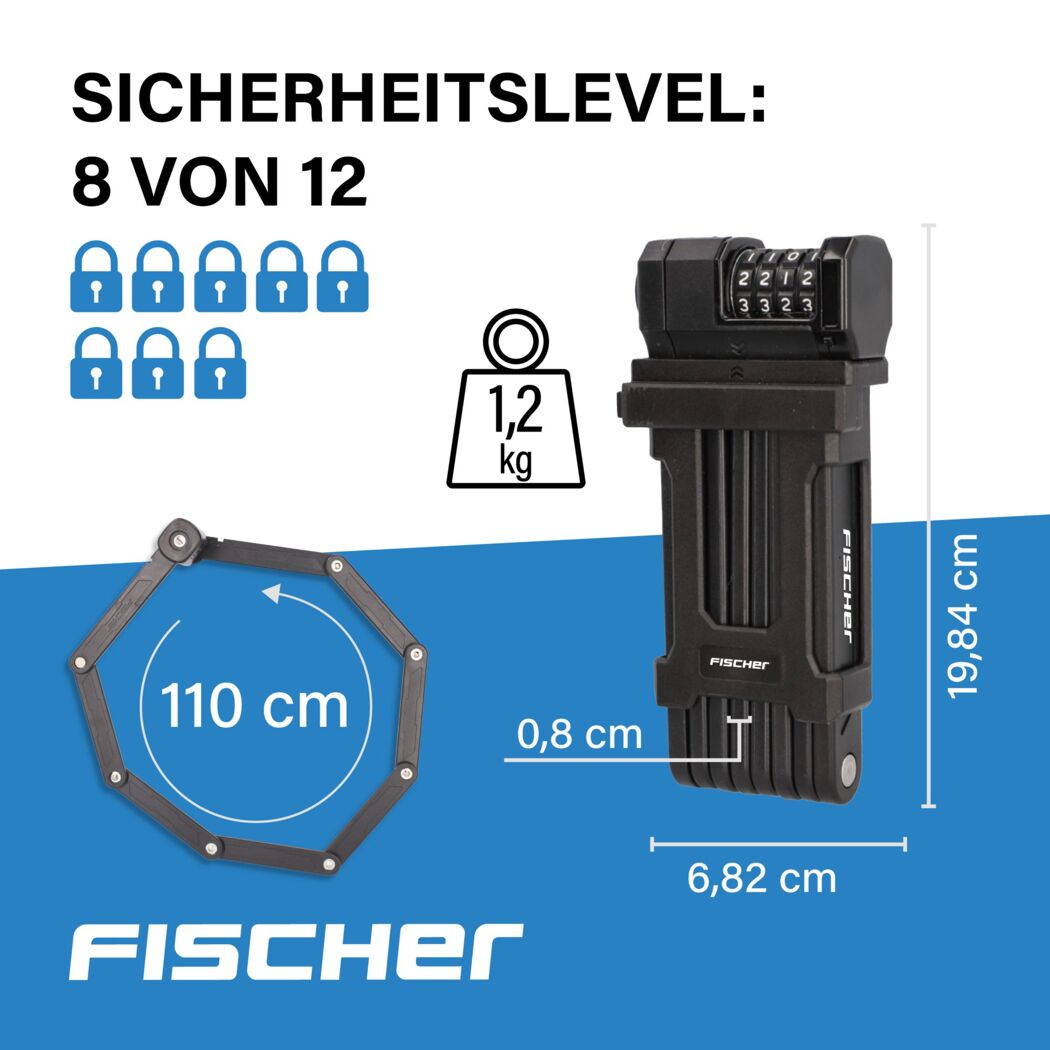 Schwarzes Faltschloss FN110/8 mit Zahlencode, Länge 110 cm.