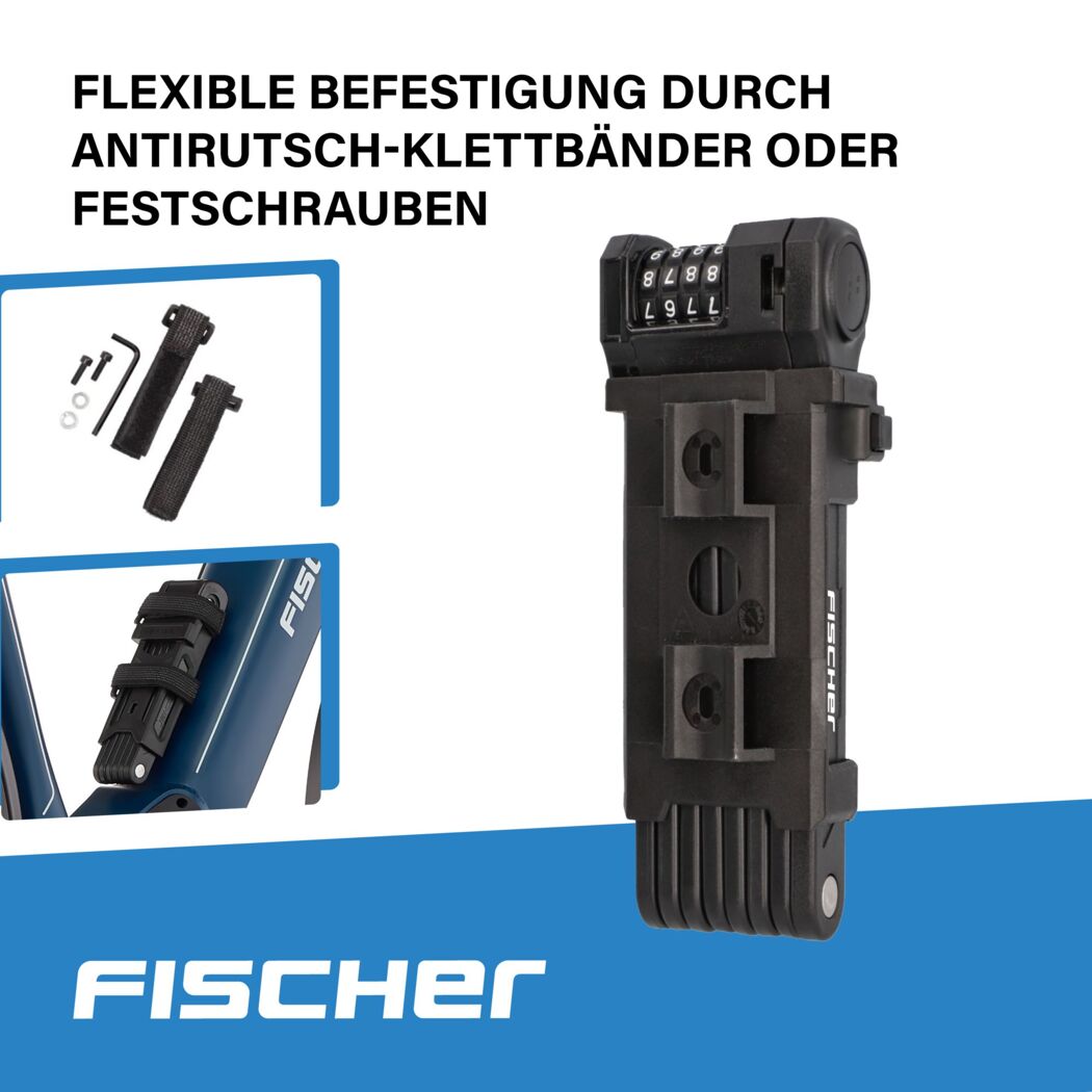 Fischer Faltschloss mit Zahlencode und Montagezubehör.