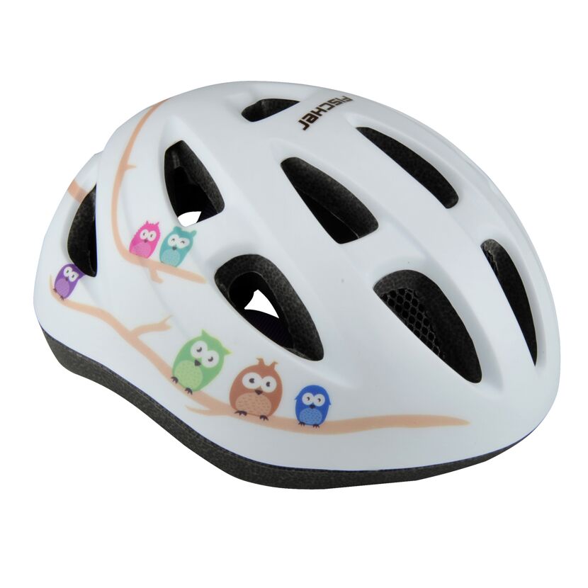 Weißer Fahrradhelm mit Eulenmotiv
