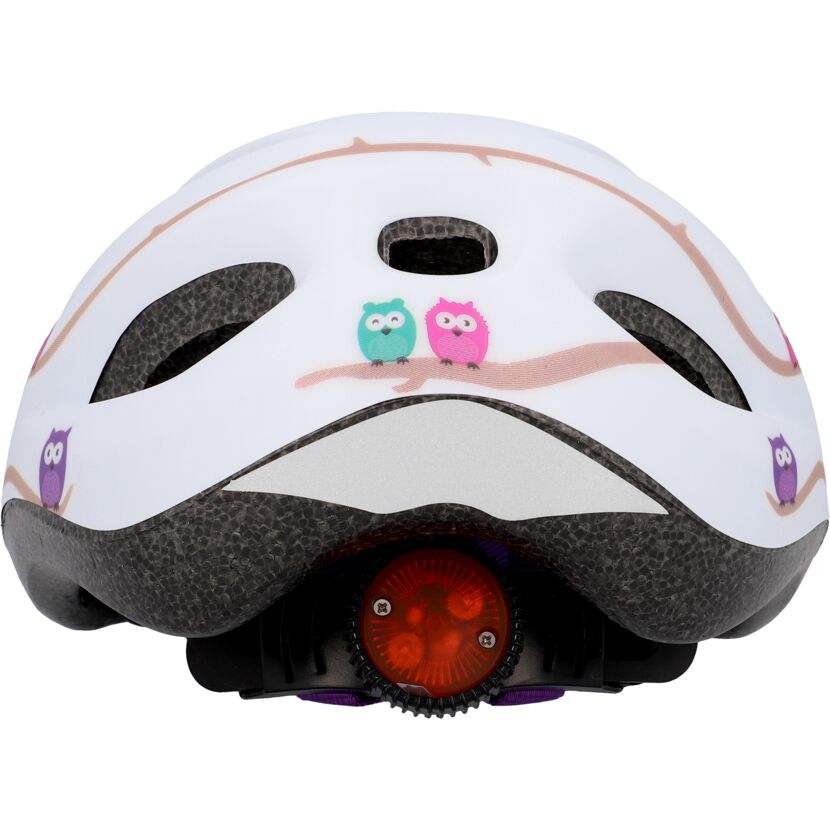 Weißer Fahrradhelm mit Eulenmotiv