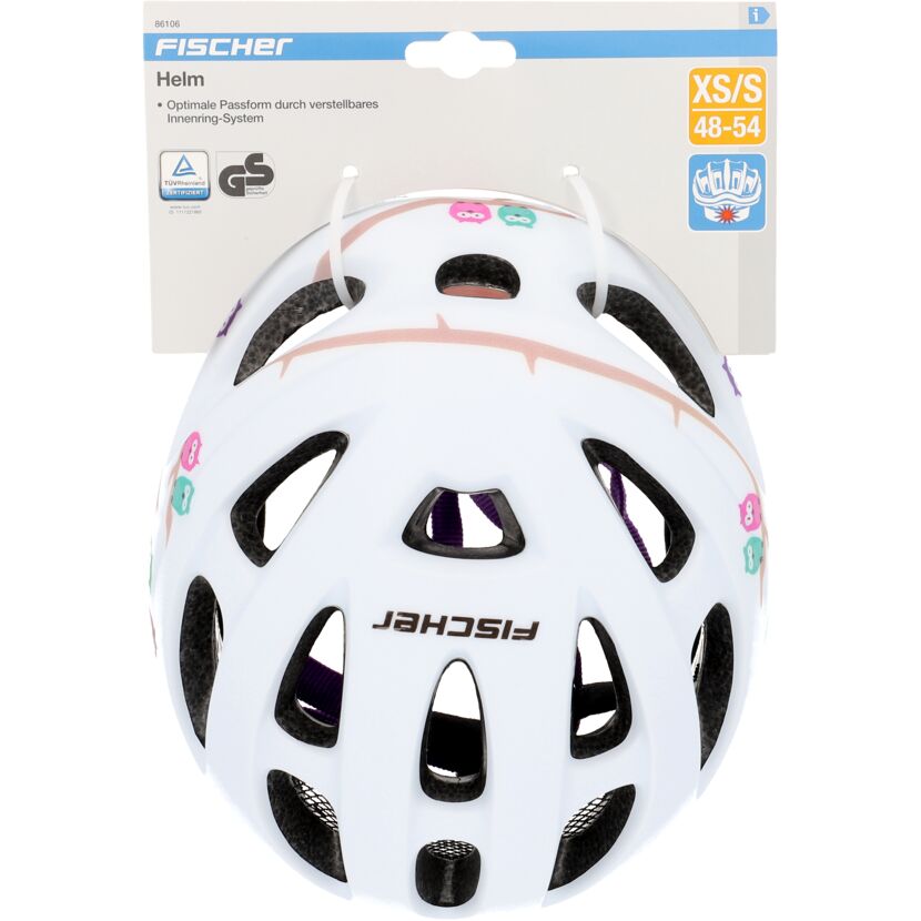 Weißer Fahrradhelm mit Eulenmotiv.