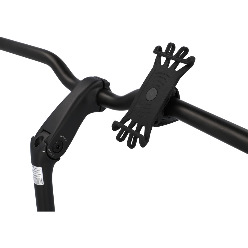 Schwarzer Smartphonehalter aus Silikon an Fahrradlenker.