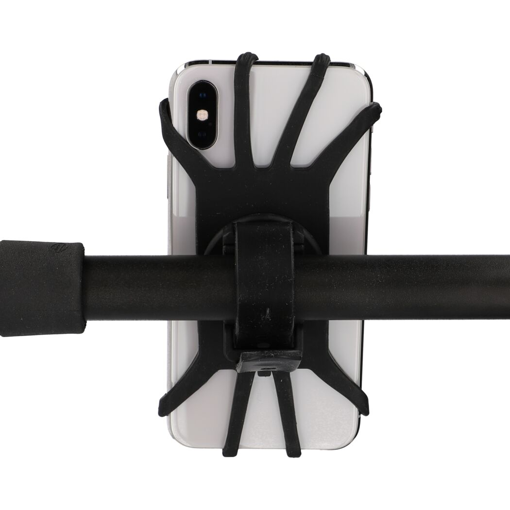 Smartphonehalter Silikon an schwarzer Stange befestigt.