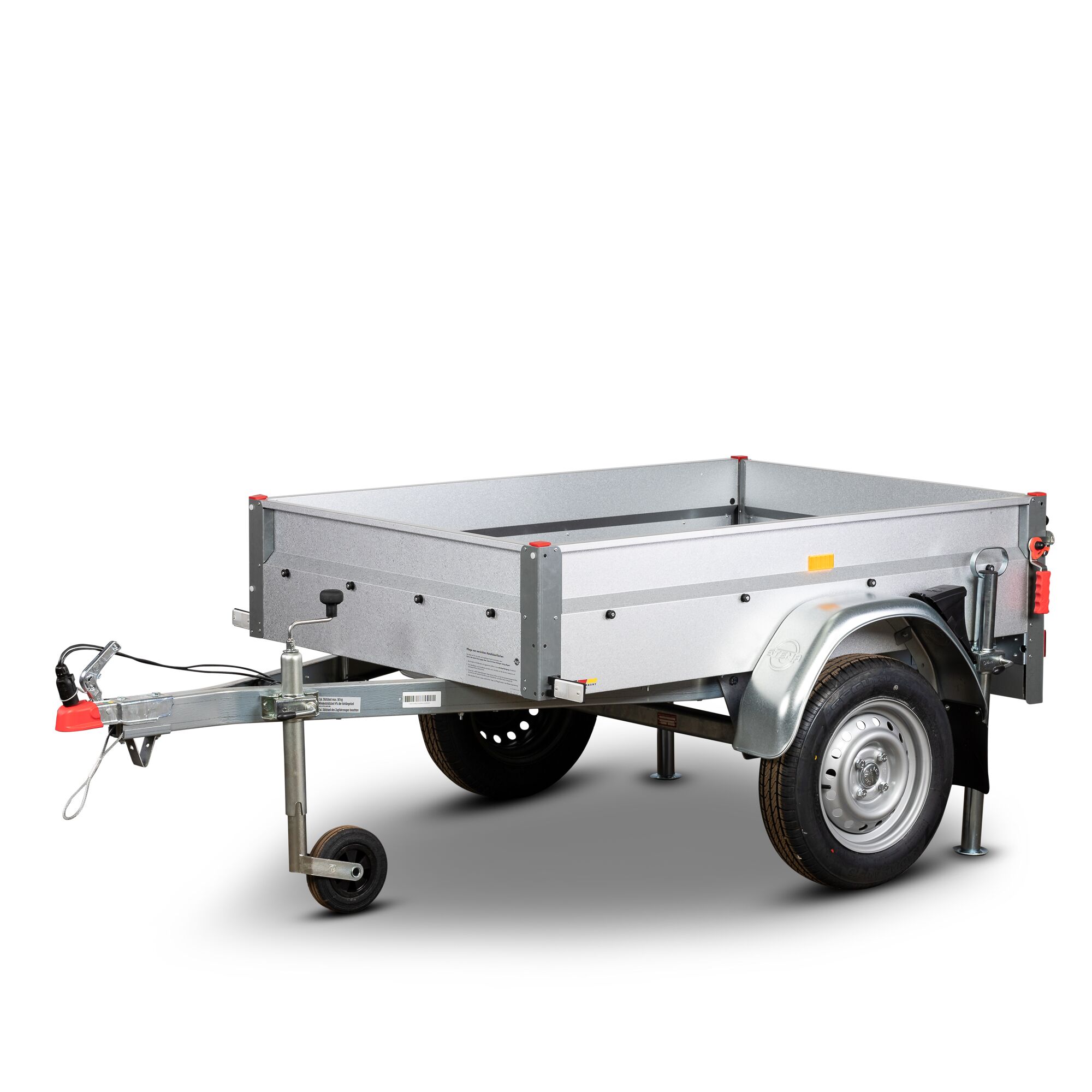 Kleiner, offener Anhänger mit Stützrad.