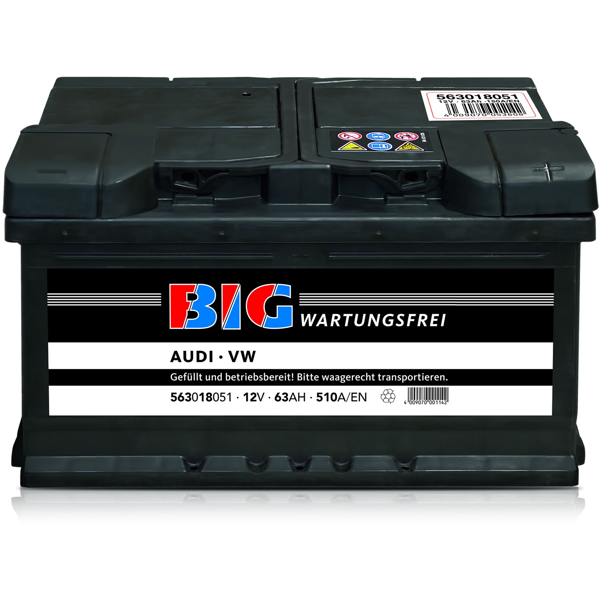 Schwarze Autobatterie BIG wartungsfrei für AUDI und VW