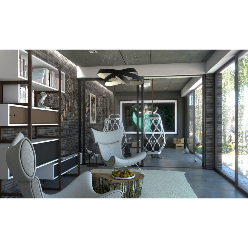 Modern eingerichtetes Wohnzimmer mit Hängesesseln