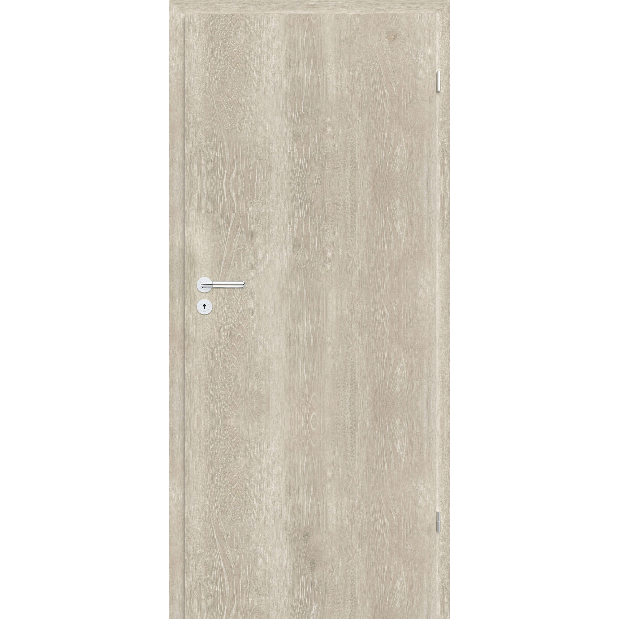 Eine helle Holztür mit silbernem Türgriff.