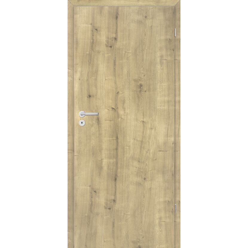 Helle Holztür mit silbernem Türgriff.