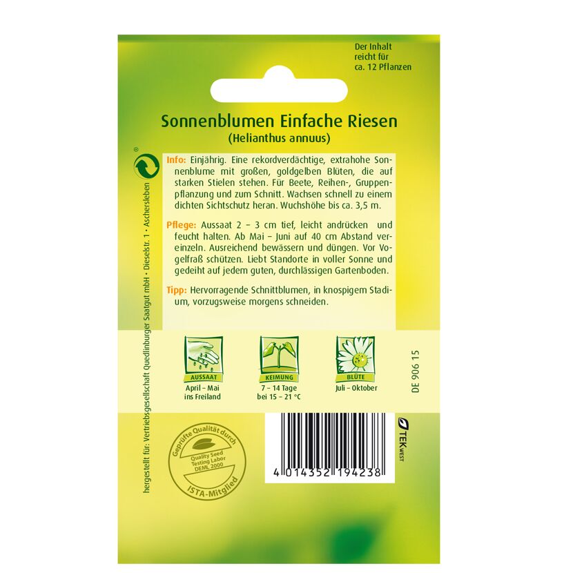 Sonnenblumen Einfache Riesen Samenpackung