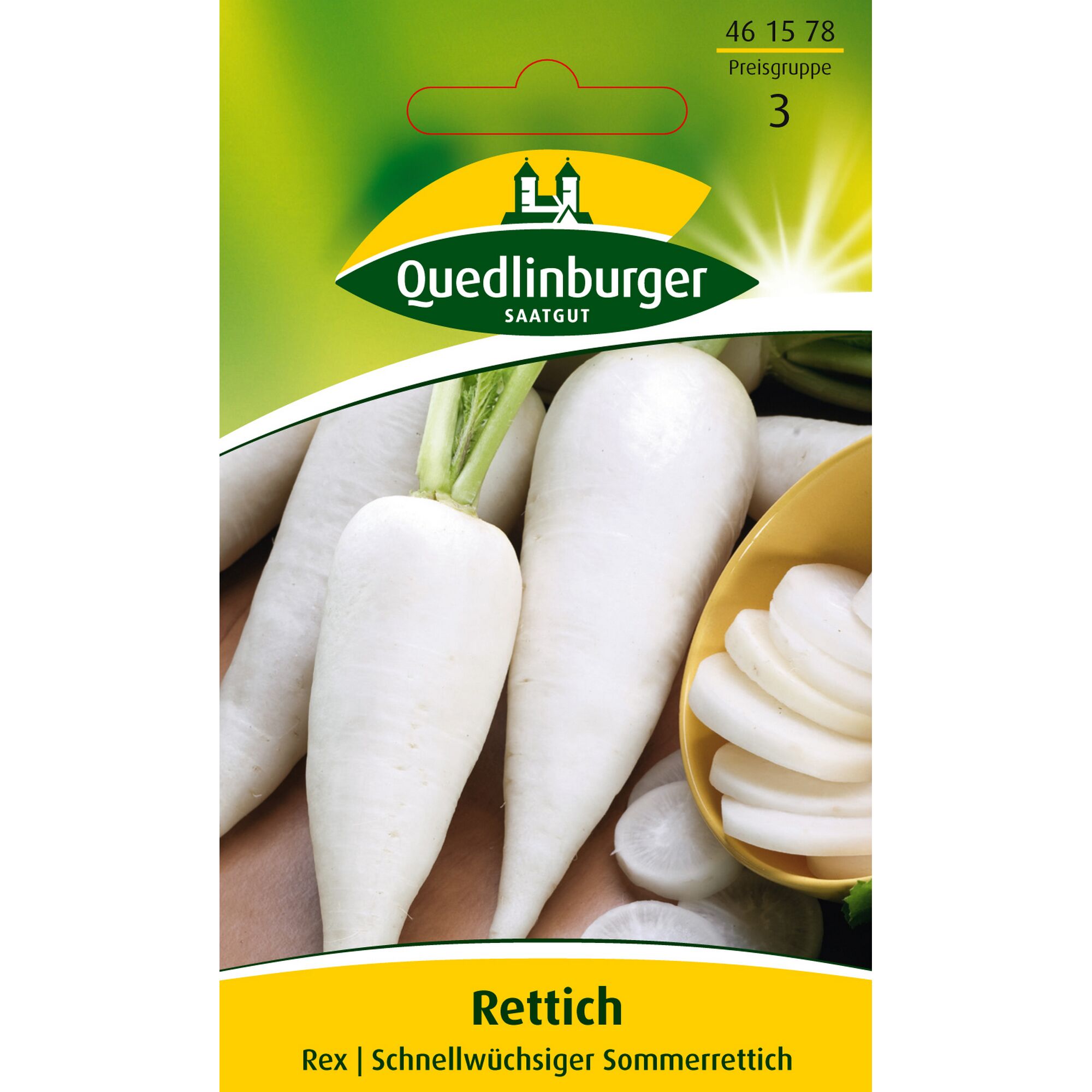 Drei weiße Rettiche und Rettichscheiben in einer gelben Schale