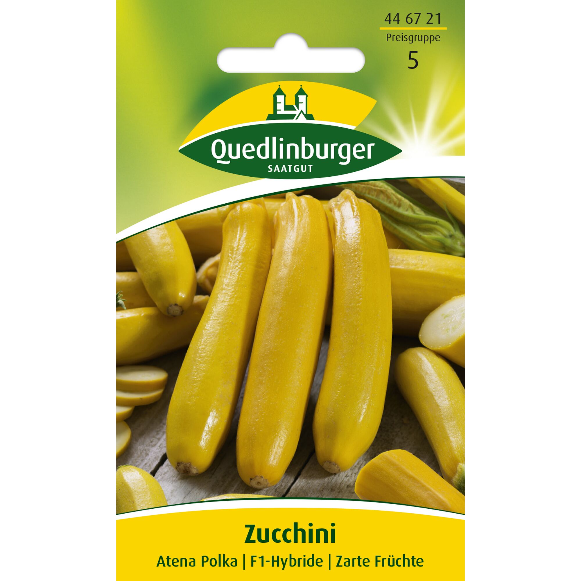 Gelbe Zucchini, Sorte "Atena Polka", von Quedlinburger Saatgut.