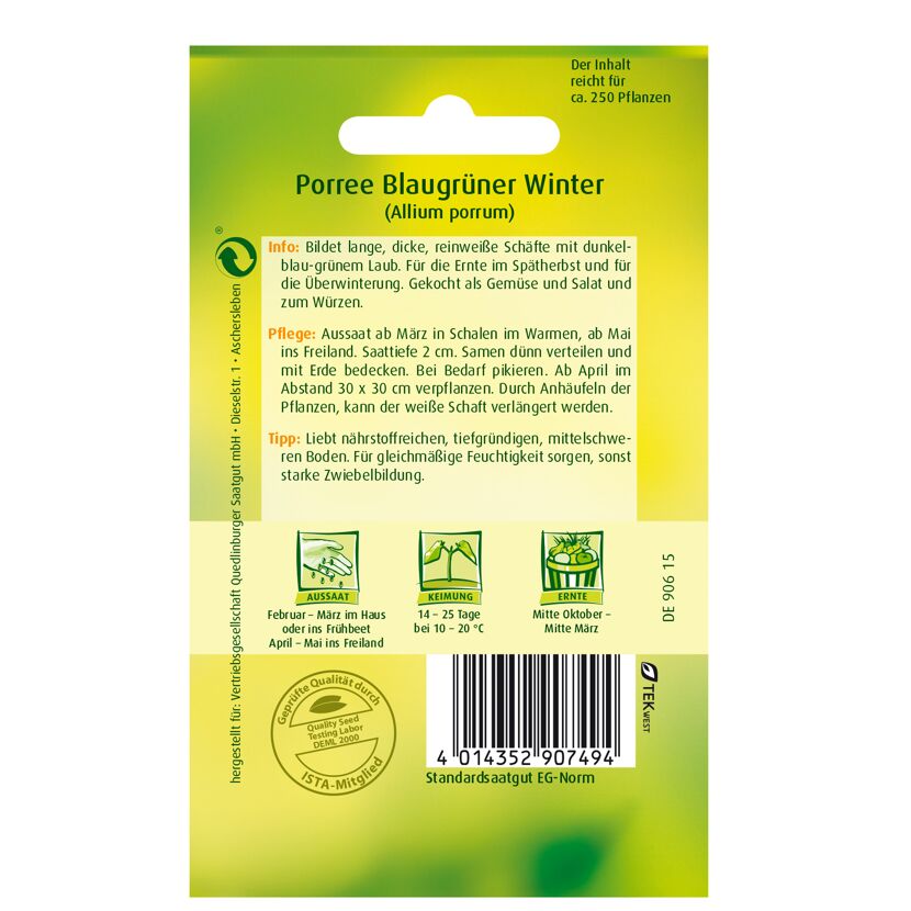Porree Blaugrüner Winter Samentüte