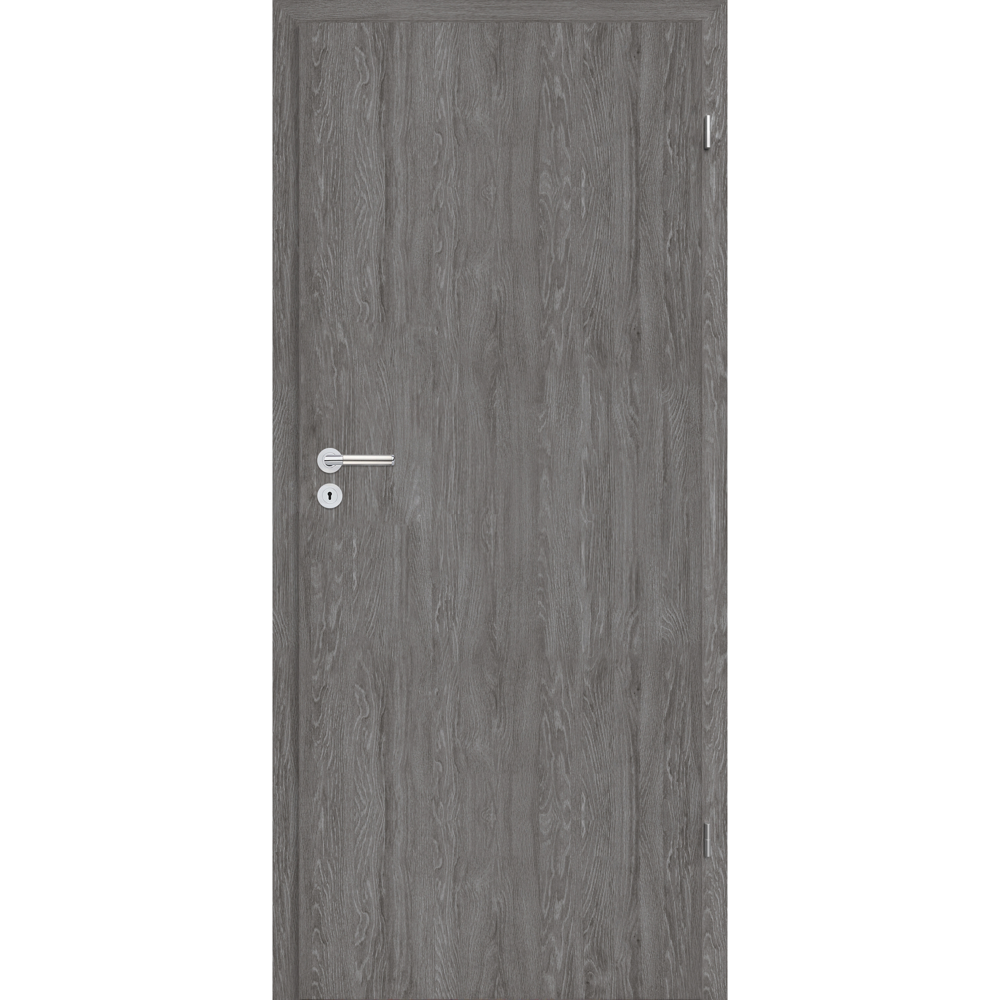 Graue Tür mit silbernem Türgriff