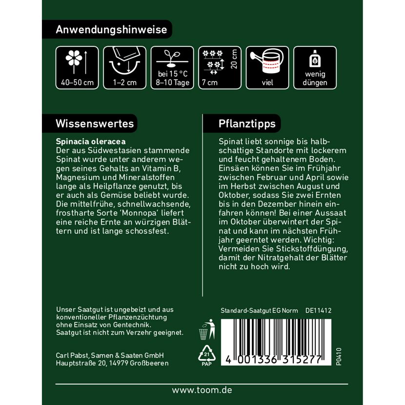 Spinat 'Monnopa', Aussaat- und Pflanztipps