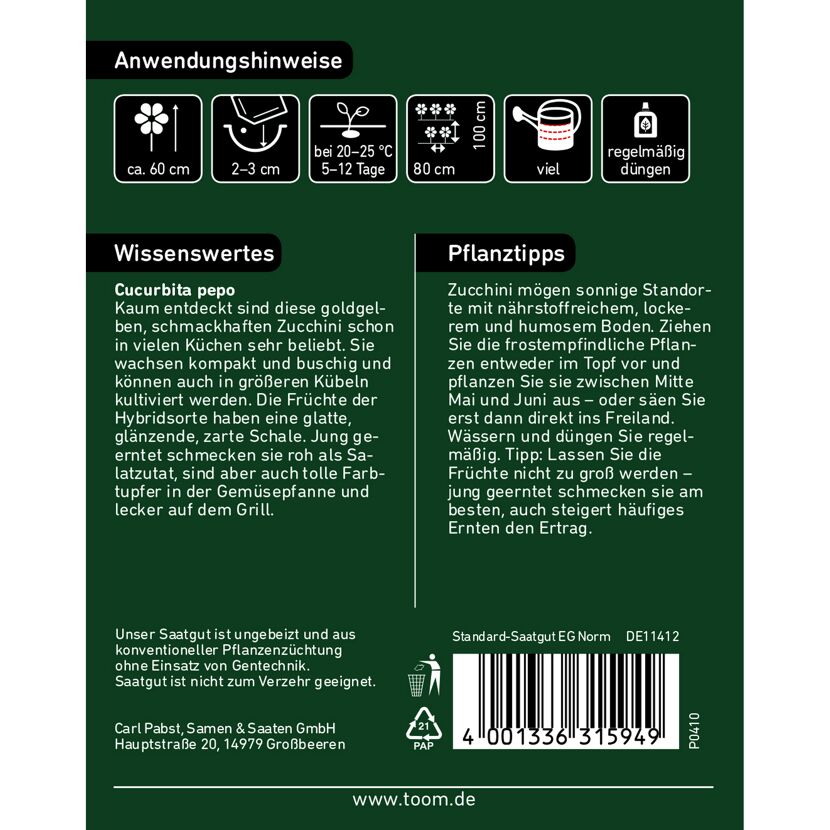 Zucchinisamen, Cucurbita pepo, Packungsanweisung