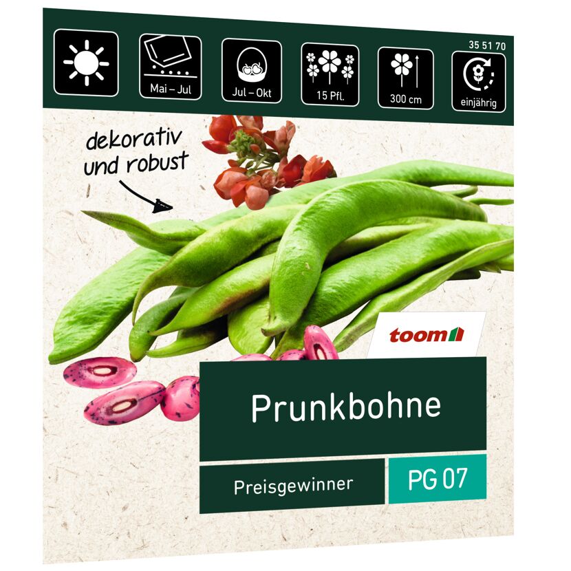 Grüne und rot gefleckte Prunkbohnen und Blüten