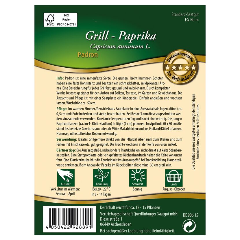 Grüne Padron Grill-Paprika auf Samentüte