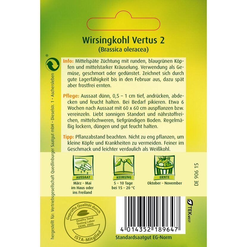 Wirsingkohl Vertus 2, Aussaat, Keimung, Ernte
