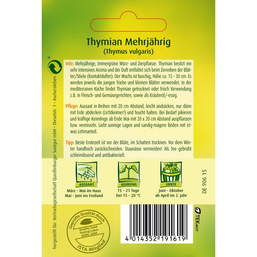 Thymian mehrjährig, Aussaat, Keimung, Ernte