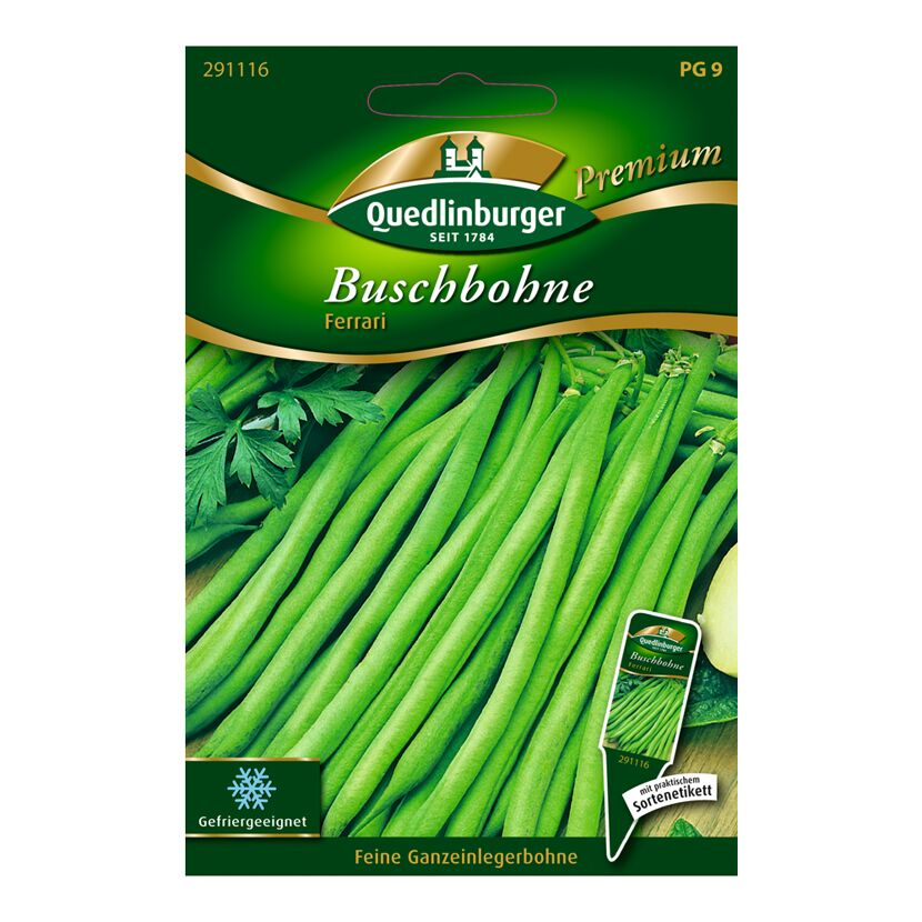 Grüne Buschbohnen der Sorte Ferrari auf einer Samenpackung von Quedlinburger