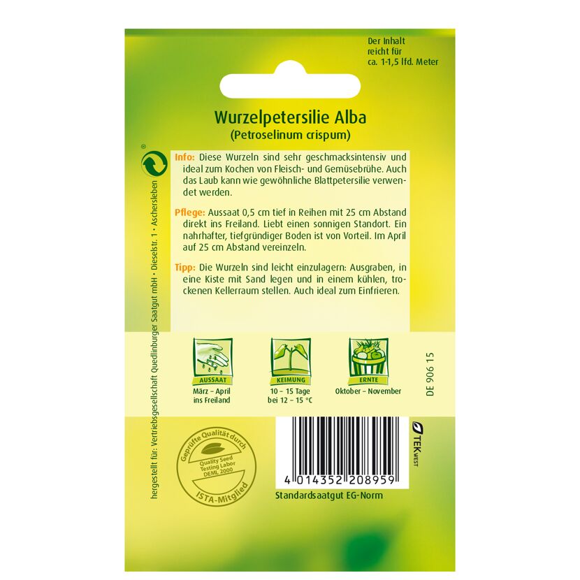Wurzelpetersilie Alba, Aussaat, Keimung, Ernte