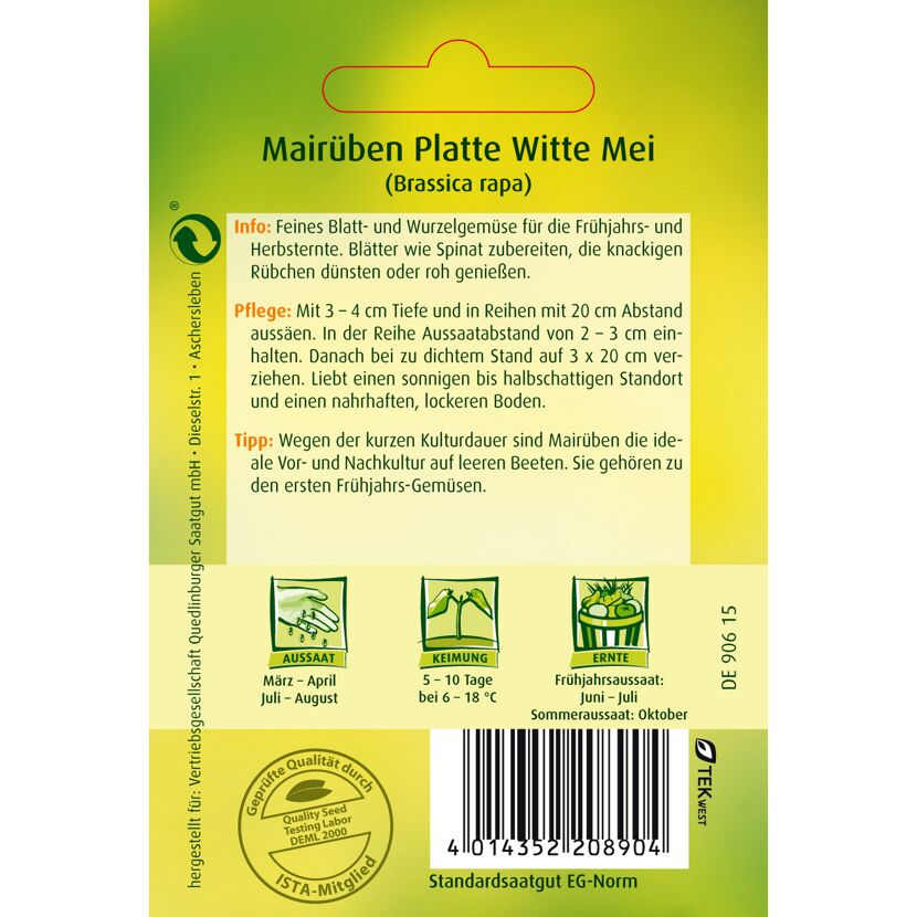 Mairüben Platte Witte Mei, Aussaat, Keimung, Ernte