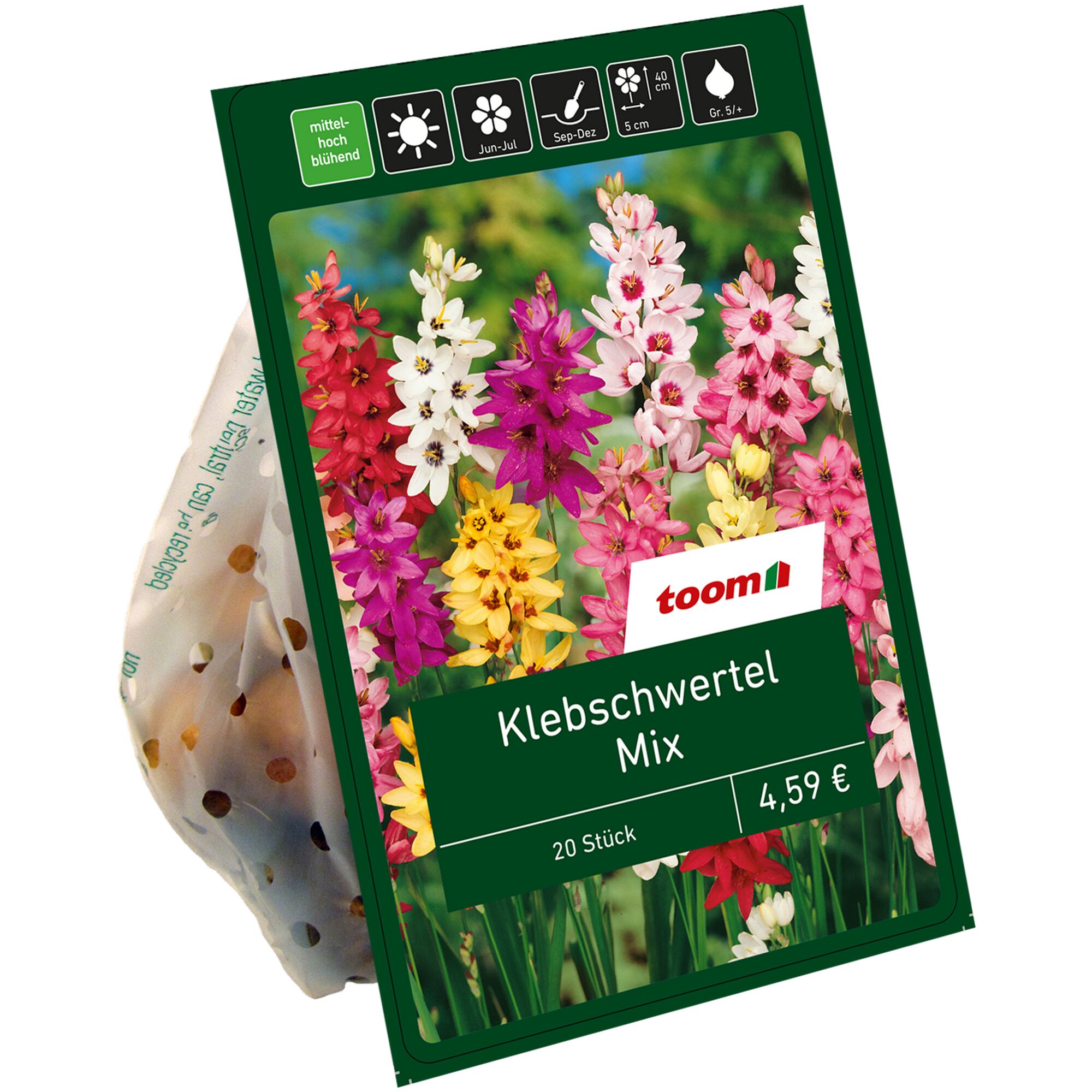 Eine Packung mit bunten Klebschwerteln.