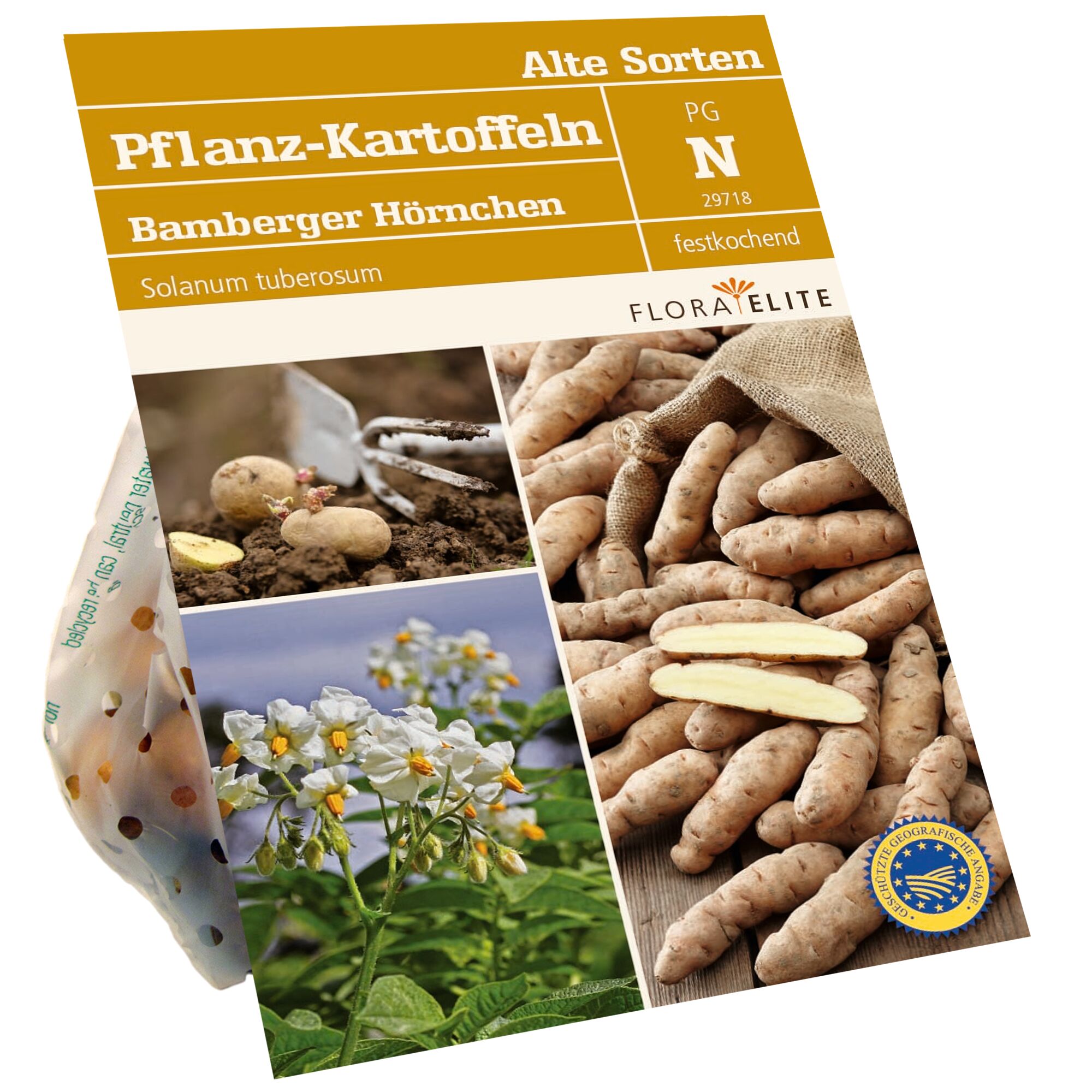 Bamberger Hörnchen, Pflanzkartoffeln, mit Schaufel und Blüte