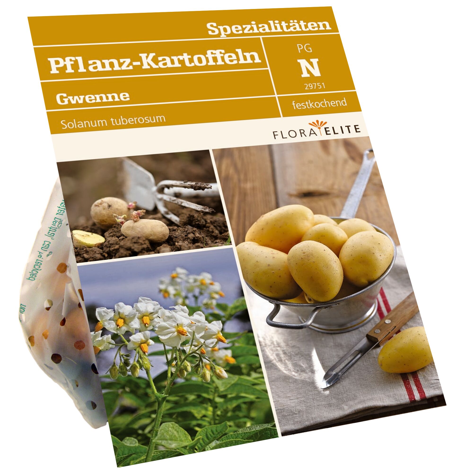 Pflanzkartoffeln "Gwenne", festkochend, mit Schäufelchen, Blüten und Schäler