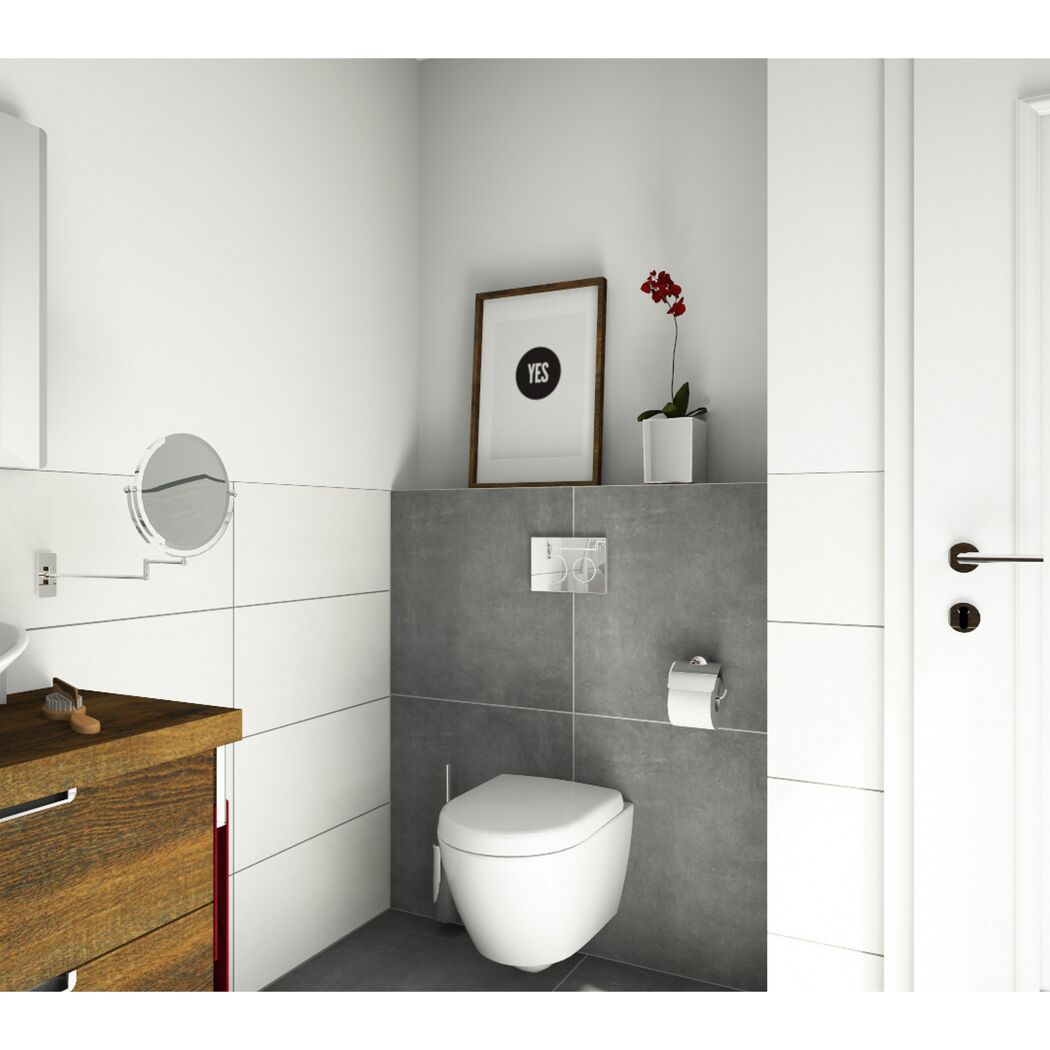 Hängendes WC, graue Fliesen, weißes Waschbecken