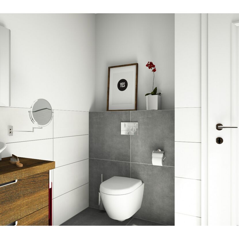 Hängendes WC, graue Fliesen, weißes Waschbecken