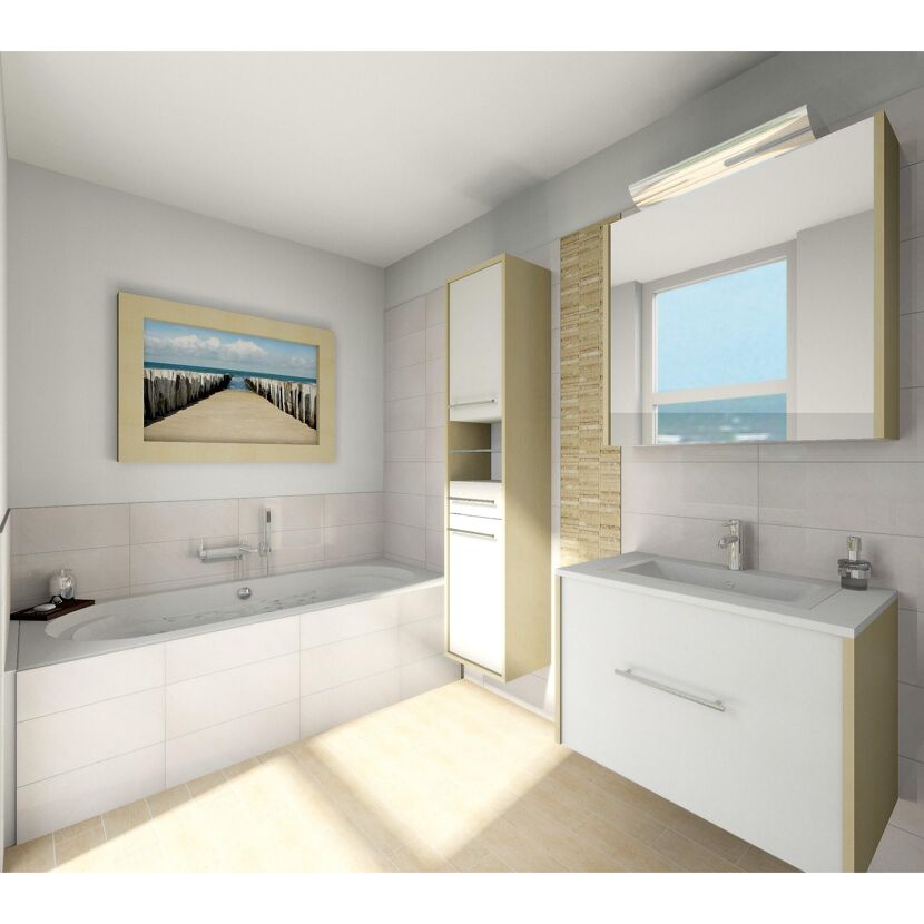 Badezimmer mit Badewanne, Waschbecken und Schrank