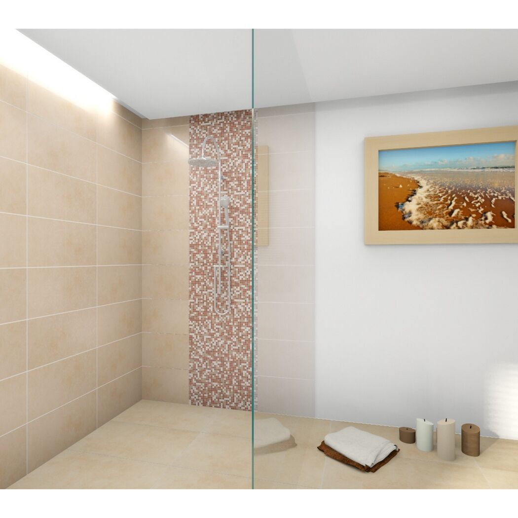 Badezimmer mit beiger Dusche und Strandbild