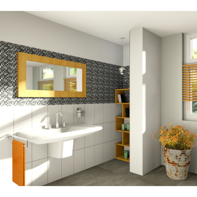 Badezimmer mit Waschbecken, Spiegel, Regal, Pflanze und Jalousien