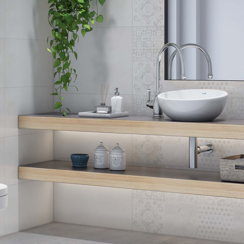 Badezimmer mit Waschbecken und Fliesen Ella Grau matt