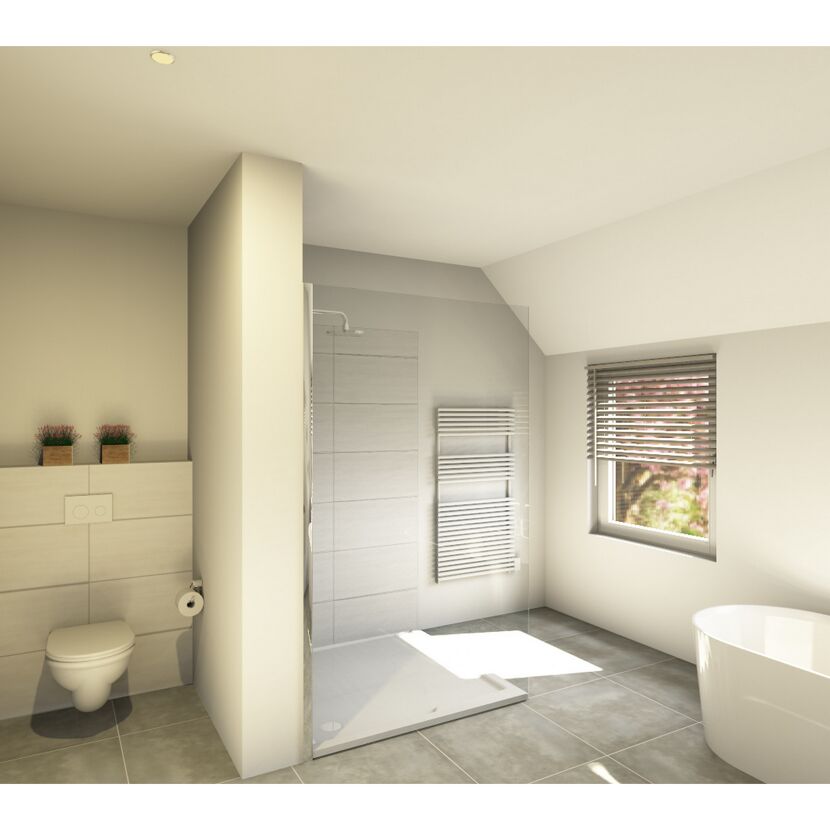 Modernes Badezimmer mit Dusche, WC, Badewanne und Jalousie