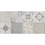 Beige und graue Fliesen mit verschiedenen floralen Mustern.