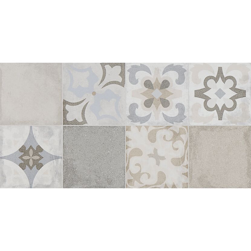 Beige und graue Fliesen mit verschiedenen floralen Mustern.
