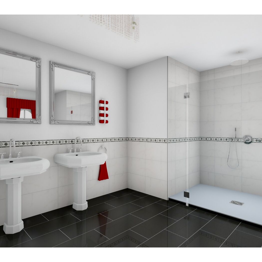 Modernes Badezimmer mit Doppelwaschbecken und Dusche