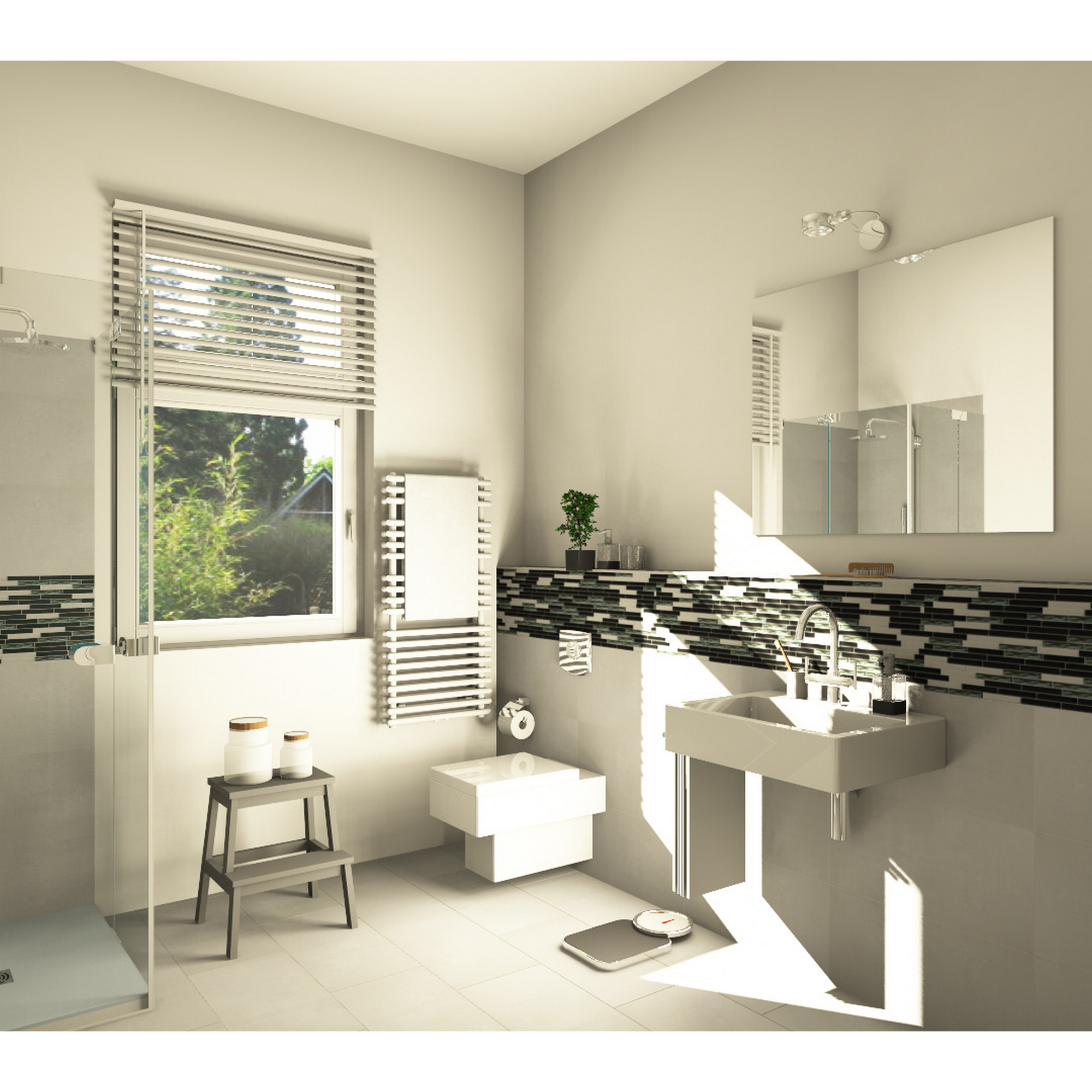 Modernes Badezimmer mit Toilette, Dusche und Waschbecken